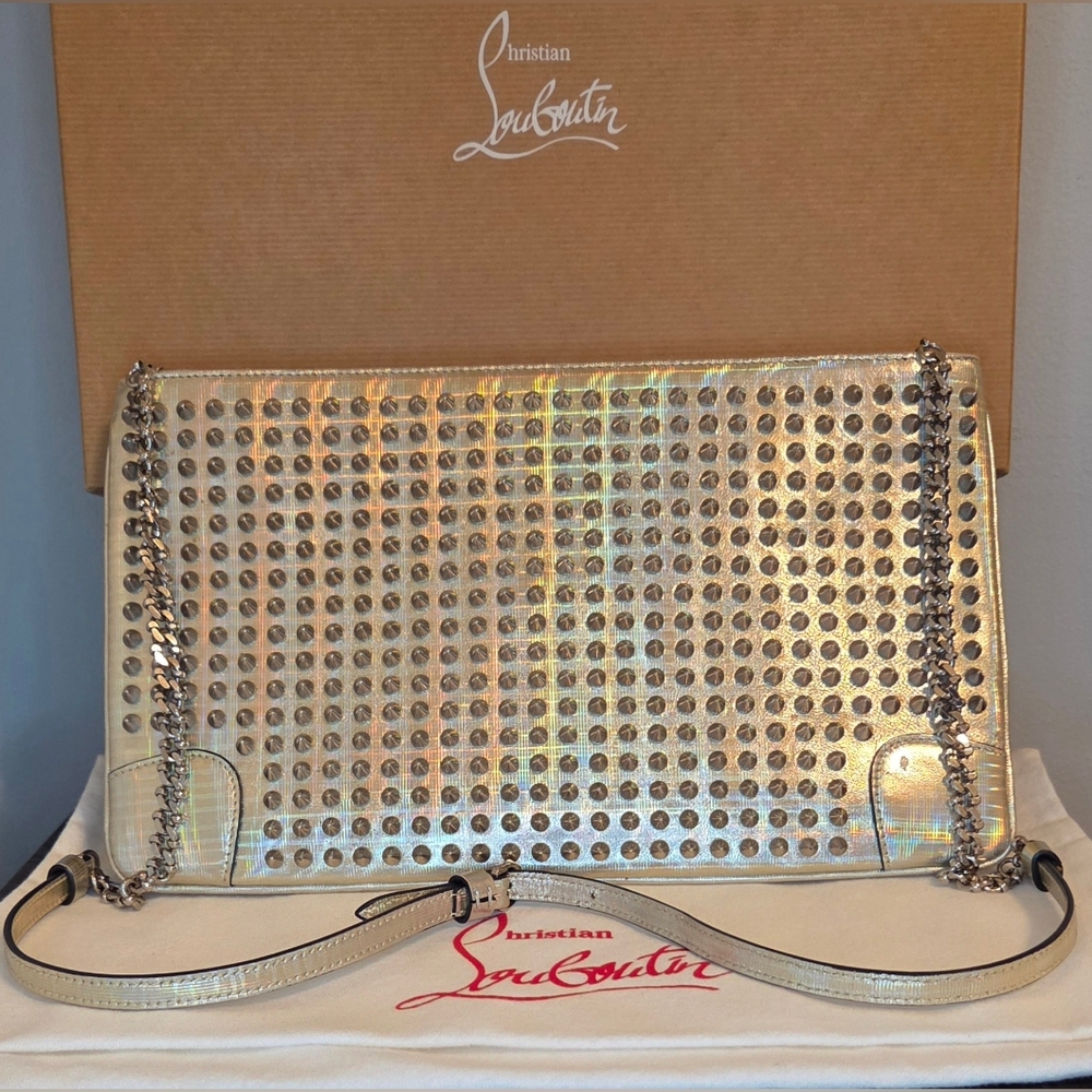 Christian Louboutin Loubiposh Studded Clutch Crossbody Specchio Galactic Silver